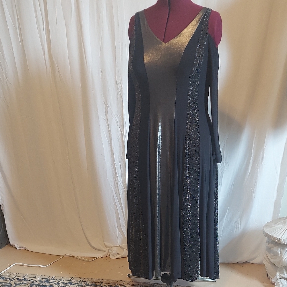 VENUS gray metallic and black gown. Long sleeve with cold shoulder.Size XL